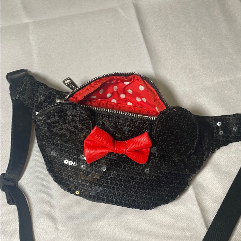 Loungefly Disney Minnie Black Sequin Bum Bag with Red Accent - Picture 10 of 14